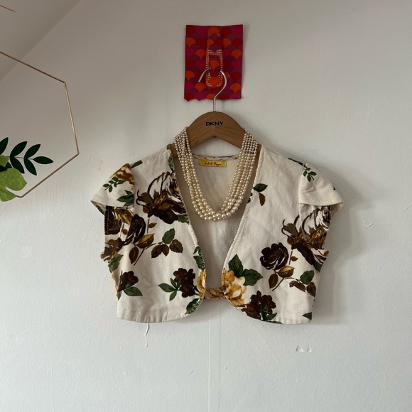 EUC Salt & Pepper S Corduroy topper autumn roses tulip sleeve shrug cap sleeve - Picture 2 of 14